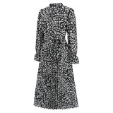 Fall Winter Ladies Chic Leopard Stand Collar Tie Pleated Casual Midi Dress