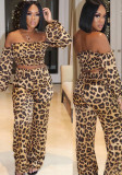 Women's Clothes Sexy Leopard Print Off Shoulder Long Sleeve Two Piece Pants Set