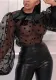 Sexy See-Through Mesh Blouse Stand Collar Lantern Sleeve Polka Dot Ladies Tops
