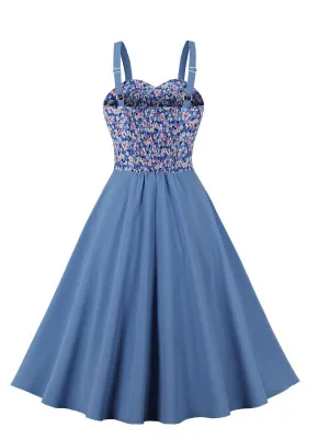 Women's Fashion Floral Patchwork Straps A-Line Swing Retro Dress