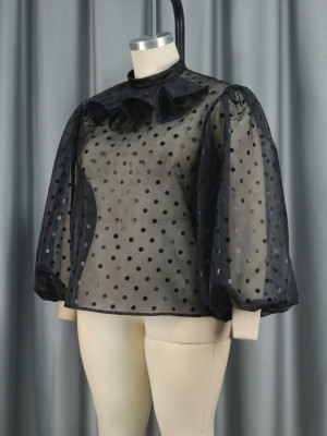 Sexy See-Through Mesh Blouse Stand Collar Lantern Sleeve Polka Dot Ladies Tops