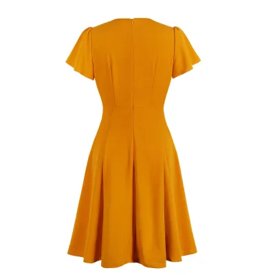 Vintage Round Neck Solid Bow Short Sleeve Elegant Dress