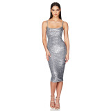 Summer Women's Sleeveless Low Back Straps Sequin Party Dress