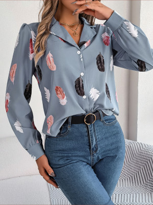 Fall Winter Chic Feather Print Turndown Collar Long Sleeve Women's Shirt