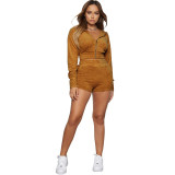 Women's Autumn Solid Velvet Hooded Long Sleeve Tight Fitting Two Piece Tracksuit