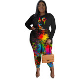 Plus Size Women Fall Casual Long Sleeve Printed Top and Pant Two-Piece Set
