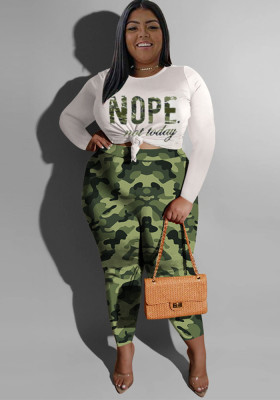 Plus Size Women Fall Casual Long Sleeve Printed Top and Pant Two-Piece Set