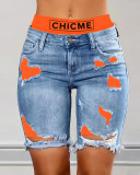 Women Contrast Patchwork Ripped Denim Short