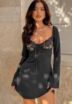 Women Fall Long Sleeve Lace Patchwork Black Dress