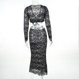 Women sexy lace long sleeve hollow See-Through dress