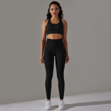 Women Seamless Solid Stripe Stretch Yoga Wear Sports Fitness Tank Top Trousers Two-Piece Set