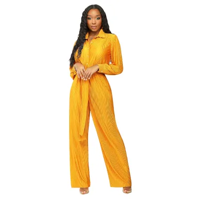 Women Clothing Fall Turndown Collar Long Sleeve Pleated Wide Leg Jumpsuit With Belt