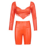 Women Irregular Cut Out Long Sleeve Top and Pu Leather Short Two-Piece Set