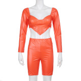 Women Irregular Cut Out Long Sleeve Top and Pu Leather Short Two-Piece Set