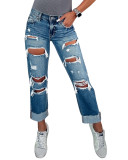 Women American High Waist Slim Ripped Denim Trousers