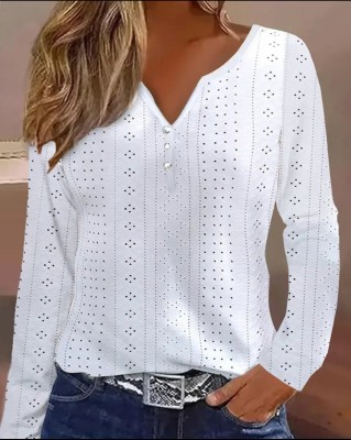 Women Fall Long Sleeve V-Neck Cutout Solid Patchwork Shirt