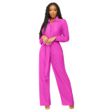 Women Clothing Fall Turndown Collar Long Sleeve Pleated Wide Leg Jumpsuit With Belt