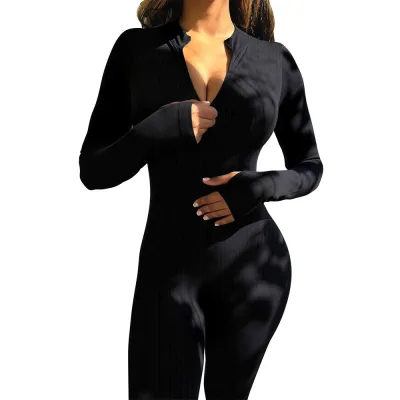 Women Fall Ribbed Zip Sport Jumpsuit