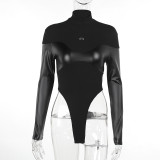 knitting Turtleneck Leather Patchwork Long Sleeve Tight Fitting Sexy Fall bodysuit
