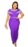 Beaded Cutout Short Sleeves Patchwork Elegant Africa Plus Size Women's Bodycon Dress