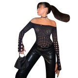 Off Shoulder Sexy Hollow Long Sleeve Tight Fitting Autumn Black bodysuit