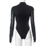 Women's Fall Solid Color Casual Pu Leather Patchwork Round Neck Long Sleeve Slim Fit Bodysuit