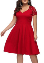 Plus Size Solid Color Sexy Lace Short Sleeve A-line Dress For Women