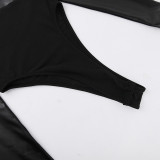 knitting Turtleneck Leather Patchwork Long Sleeve Tight Fitting Sexy Fall bodysuit