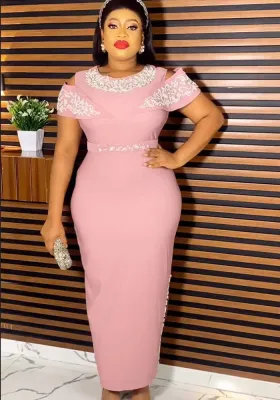 Beaded Cutout Short Sleeves Patchwork Elegant Africa Plus Size Women's Bodycon Dress