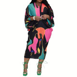 Summer Chic Pleated Positioning Print Bat Sleeves Plus Size Women's Dress