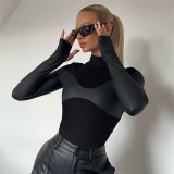 Women's Fall Solid Color Casual Pu Leather Patchwork Round Neck Long Sleeve Slim Fit Bodysuit