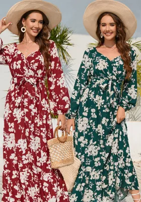 Autumn Winter Slim Chic Lantern Sleeve belt Floral Dress