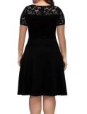 Plus Size Solid Color Sexy Lace Short Sleeve A-line Dress For Women