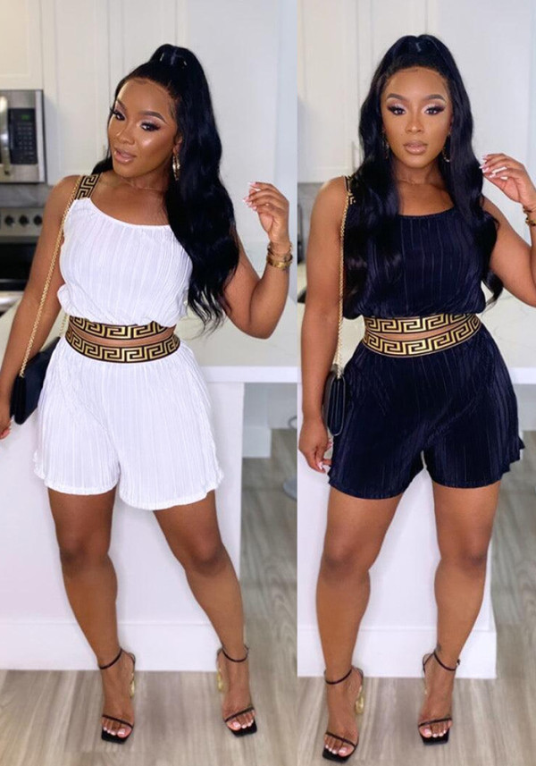 Women Sexy Pleated Webbing Patchwork Suspenders Top and Shorts Two-Piece Set