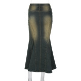 Women Summer Vintage High Waist Denim Skirt