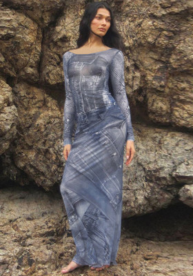 Women Sexy Denim Print Mesh See-Through Ruffle Edge Maxi Dress