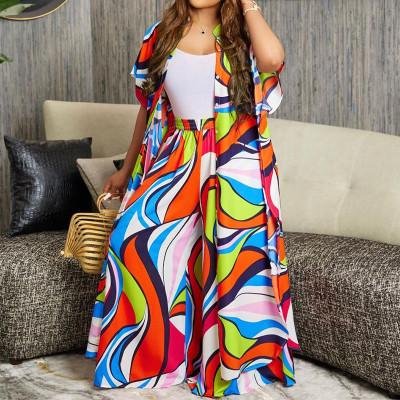 Women Casual Print Short Sleeve Loose Long Top and Trousers Two-Piece Set