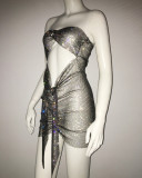 Women Diamond Fishnet Cutout See-Through Rhinestone Backless Sleeveless Dress