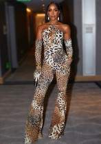 Women Sexy Cutout Halter Neck Backless Leopard Jumpsuit