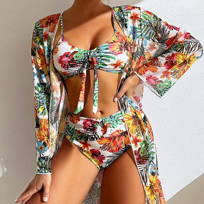 Women Long Sleeve Printed Sexy Swimsuit Three-Piece