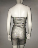 Women Diamond Fishnet Cutout See-Through Rhinestone Backless Sleeveless Dress