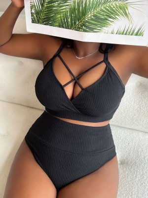 Sexy Plus Size Solid Straps High Waist Bikini Two Piece Swimsuit