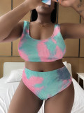 Plus Size Sexy Tie Dye U-Neck Tank Top High Waist Bikini Two Piece Swimsuit