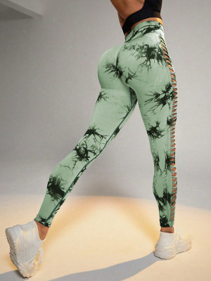 Tie Dye Yoga Pants High Waist Butt Lift Workout Pants Side Cutout Seamless Athletic Tight Fitting Leggings