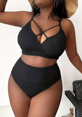 Sexy Plus Size Solid Straps High Waist Bikini Two Piece Swimsuit