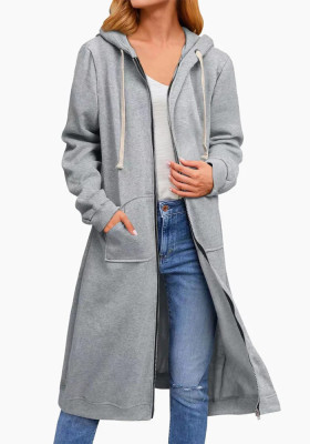 Autumn And Winter Women's Fashion Chic Solid Color Hooded Casual Coat Long Hoodies