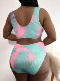 Plus Size Sexy Tie Dye U-Neck Tank Top High Waist Bikini Two Piece Swimsuit