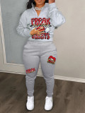 Women's Fashion Sport Casual Print Long Sleeve Zipper Two-Piece Pants Set Plus Size