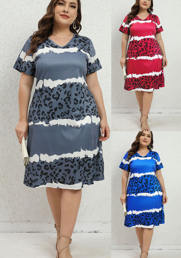 Summer Plus Size Women's Leopard Round Neck Loose Casual A-Line Dress
