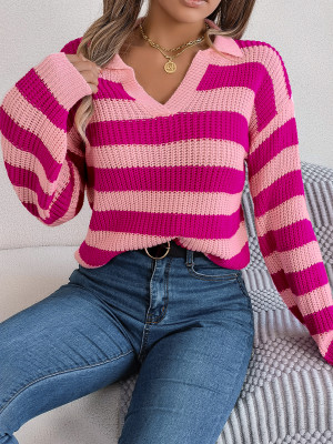 Women Casual Turndown Collar Contrasting Stripe Long Sleeve Knitting Sweater
